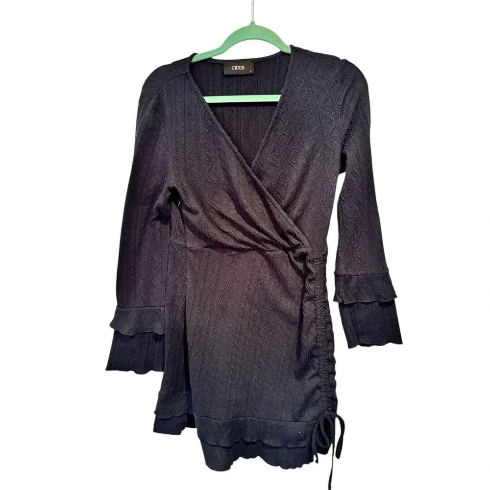 Cider‎ Woven Solid V-Neck Ruched Drawstring Navy Blue  Dress L Grunge Fairycore